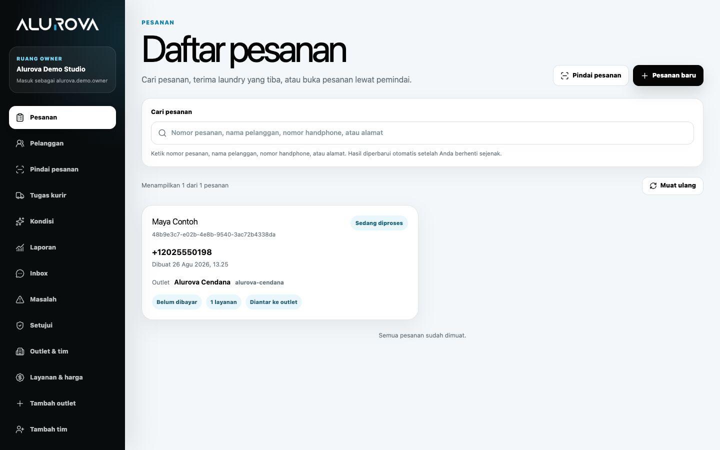 Daftar pesanan operasional Alurova
