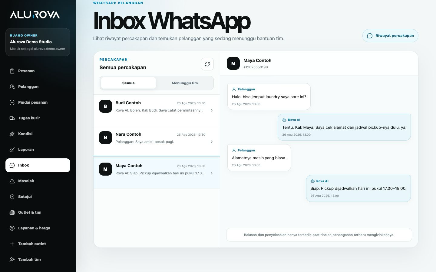 Inbox percakapan pelanggan dan Rova AI di Alurova