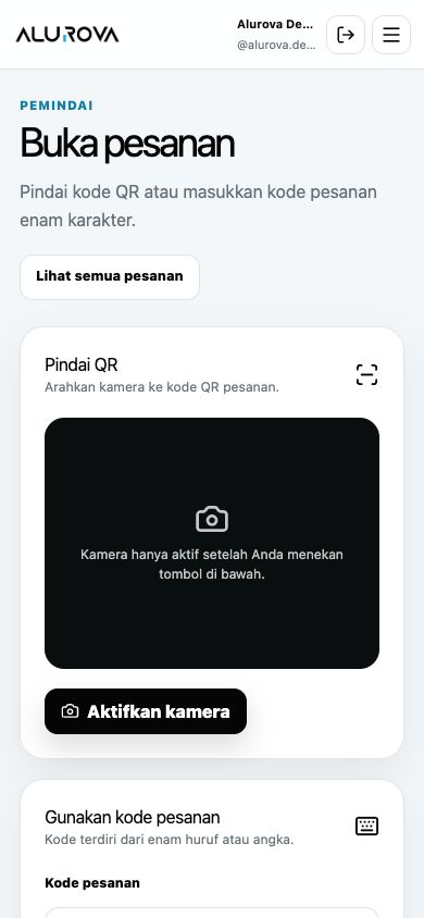 Tampilan pemindai pesanan Alurova di ponsel