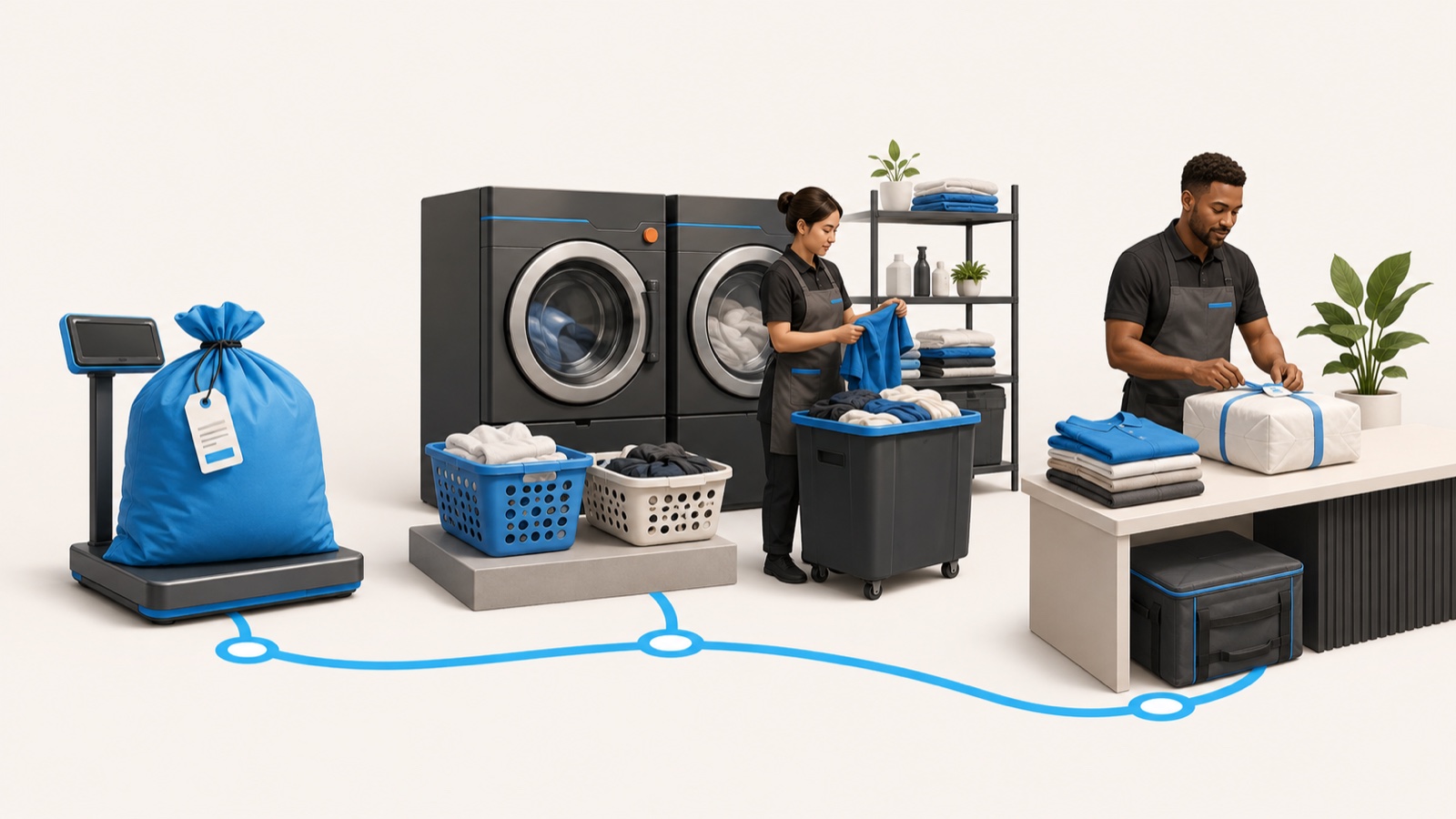 Alur operasional laundry dari penerimaan, pencucian dan finishing, hingga pesanan siap dikembalikan